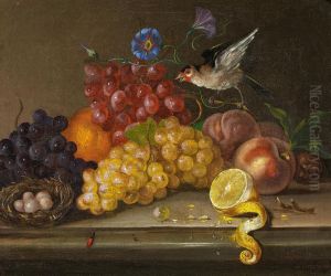 Fruit still life with goldfinch by Johann Nepomuk Mayrhofer