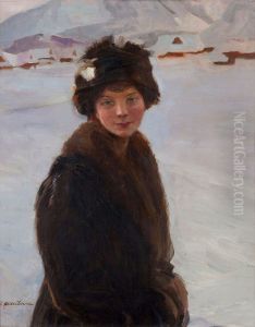 Portret mlodej dziewczyny na tle zimowego krajobrazu (Zimowa dziewczyna) by Teodor Axentowicz