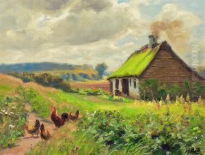 Springtime with a house, a woman and some chicken. by H. A. Brendekilde