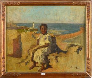 Seated girl against a North African landscape by Emile Baes