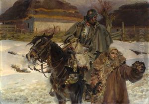 Ranny kirasjer i dziewczyna. by Wojciech Kossak