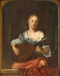 Woman playing the lute in a window