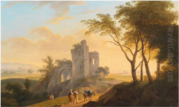 Landschaft mit Ruine und Wanderern - view 1