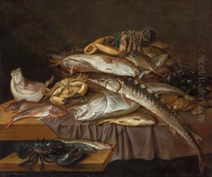 Still life of fish with sea and freshwater fish, crabs and lobsters by Peeter van den Bemden