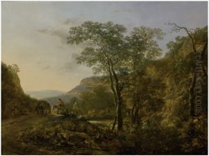 A hilly landscape with a fisherman and herdsman