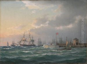 Marine med talrige sejlskibe ud for Helsingors Havn. by Carl Baagoe