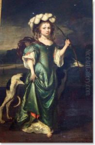 Portrait of a Comely Girl as Diana Holding a Bow Standing with a Whippet