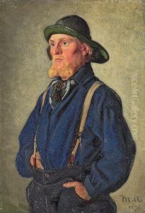 A standing young fisherman with a green sou'wester.