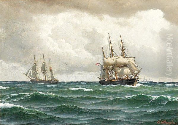 Two Danish sailing ships at sea. - view 1