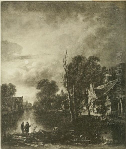 Moonlit landscape with village canal - view 1
