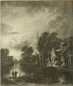 Moonlit landscape with village canal by Aert van der Neer
