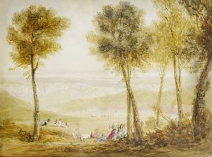 An extensive view of the Severn Valley with figures picknicking on the Wyndcliffe by David Cox