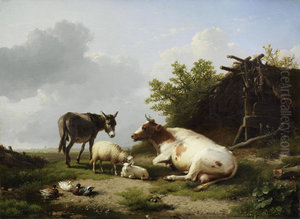 Farm animals by a field shelter by Eugene Verboeckhoven