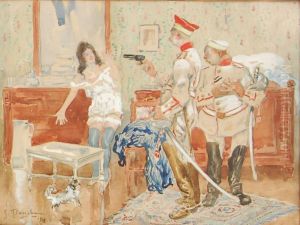 Policemen in a room, one pointing a gun at a woman by Auguste Leveque