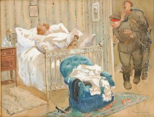 Policemen peeping into a room with a woman in bed