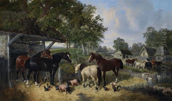 Horses, pigs and chickens in a farmyard - view 1
