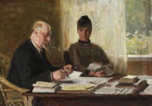 Forfatterparret Erik og Amalie Skram ved arbejdsbordet. Studie. Forfatterparret Erik og Amalie Skram ved arbejdsbordet. Studie.