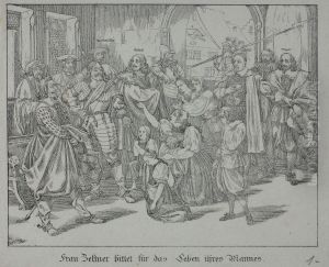 Frau Zeltner bittet fur das Leben ihres Mannes. by Martin Disteli