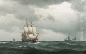 En dansk fregat og et dampskib til havs.