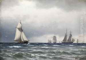 Skibe pa havet pa en skyet dag. by Carl Baagoe