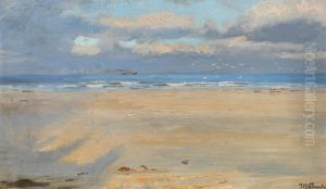 View from Skagen beach. A ship on the horizon. by Michael Peter Ancher