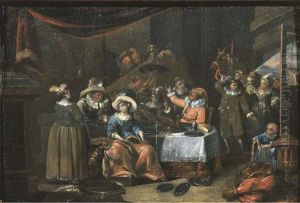The Sense of Taste; Elegant company eating and drinking by Francois Xaver Henri Verbeeck