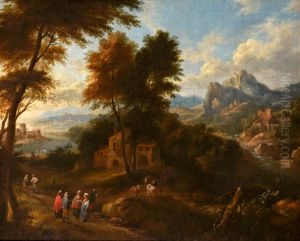 An Extensive River Landscape with Figures around a Village with a Town in the Distance by Pieter Bout
