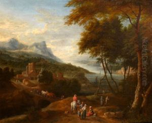 An Extensive Mountainous Landscape with Figures before a Building