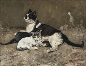Katzenmutter mit ihren Jungen by Geza Vastagh
