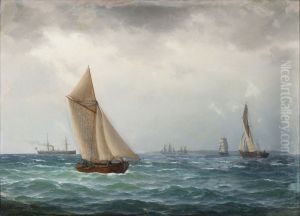 Marinemotiv med sejlbade og dampskib.