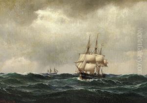 Sailing ships at sea in overcast weather. Sailing ships at sea in overcast weather.