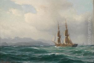 Seascape with a brig heading for a coast.