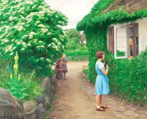 A summer day with children with a kitten and an old woman at the window. by H. A. Brendekilde
