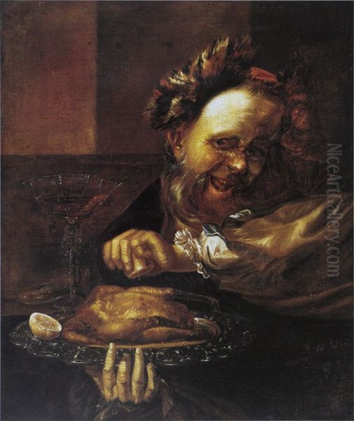 A bearded man squeezing a lemon over a roasted bird on a plate - view 1
