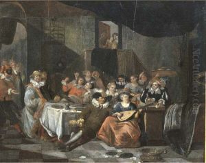 The Sense of Hearing; elegant company making music in an interior by Francois Xaver Henri Verbeeck