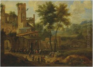 Peasants merrymaking on the outskirts of a village by Pieter Bout