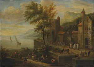 A coastal landscape with figures on the promenade