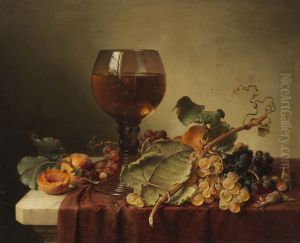 Still life with self-portrait in a wine glass and fruits by Johann Wilhelm Preyer