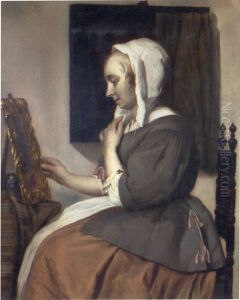 Young woman in front of a mirror by Gabriel Metsu