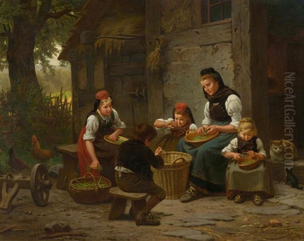 Mutter und Kinder vor einem Haus - view 1