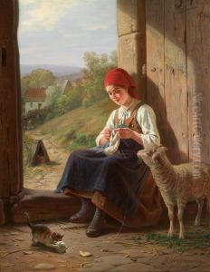 Knitting girl with kitten