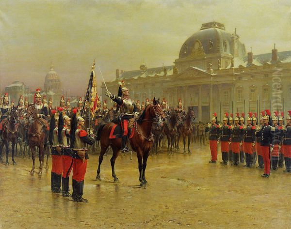 Colonel de la Rochethulon presenting to the recruits the flag of the 6th regiment of cuirassiers. January 1887 - view 1