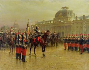 Colonel de la Rochethulon presenting to the recruits the flag of the 6th regiment of cuirassiers. January 1887 by Louis Auguste Georges Loustaunau