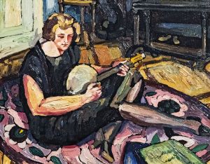 Luce on the banjo in the living room in Rabastens by Georges Gaudion