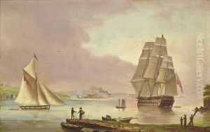 A '74', traditionally thought to be H.M.S. Implacable, off Mount Edgcumbe, in Plymouth Sound