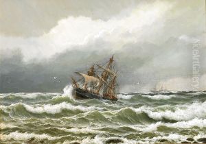 Two sailing ships in open sea. by Carl Baagoe