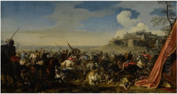 A BATTLE SCENE WITH SOLDIERS ON HORSEBACK, A WALLED CITY RAISED ON A HILL BEYOND by Jacques Courtois