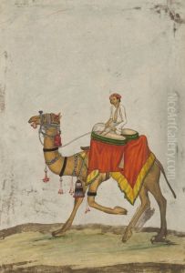 A camel with its rider playing kettle drums by Mazhar Ali Khan