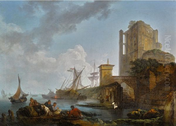 A HARBOUR SCENE, WITH FISHERMEN RESTING NEAR RUINS - view 1