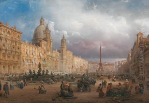 A bustling market on the Piazza Navona in Rome by Carlo Bossoli